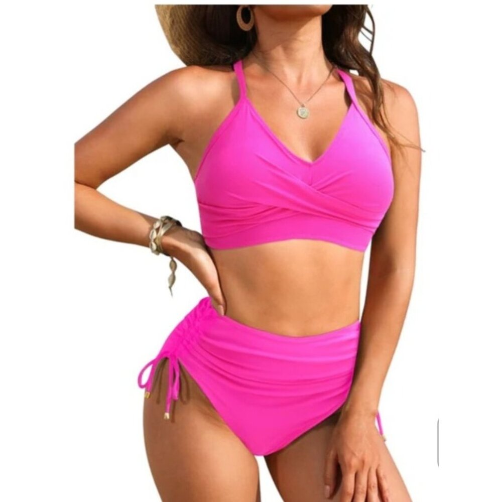 Blooming Jelly Large Womens 2 Pc Bikini Pink Crisscross Tie Back High Waisted